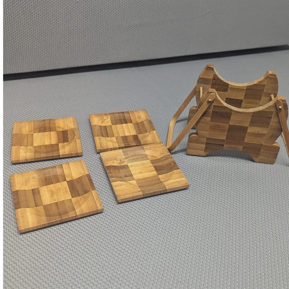 VTG Bamboo Checkerboard Coaster Set w/ Caddy Holder 5 Piece Natural Wood Parquet